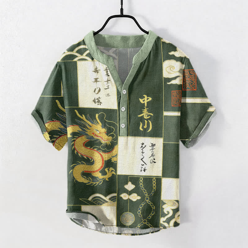 Buddha Stones Camicia da uomo a maniche corte con mezzo bottone, in cotone, con emblema Drago Dorato, Nuvola e Onda. - Verde mare - US/UK/AU50, EU60 (5XL) - image 0
