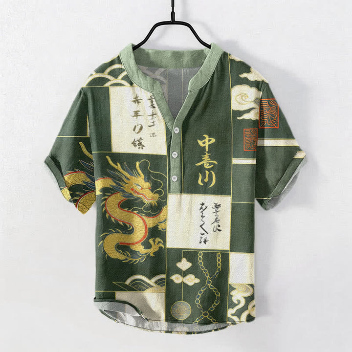 Buddha Stones Camicia da uomo a maniche corte con mezzo bottone, in cotone, con emblema Drago Dorato, Nuvola e Onda. - Verde mare - US/UK/AU50, EU60 (5XL) - image 0