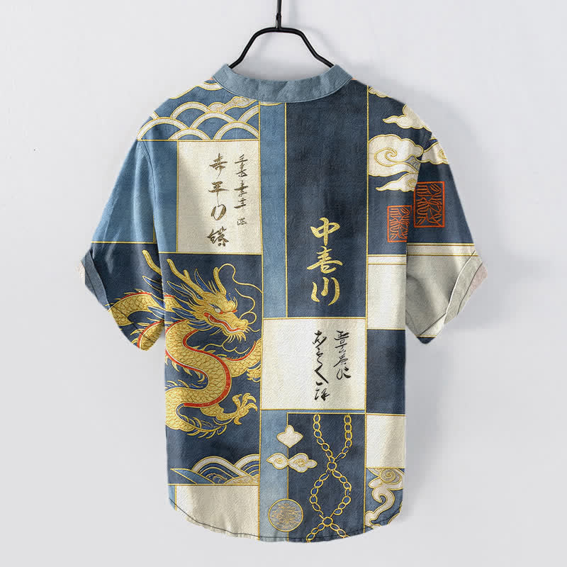 Buddha Stones Camicia da uomo a maniche corte con mezzo bottone, in cotone, con emblema Drago Dorato, Nuvola e Onda. - image 6
