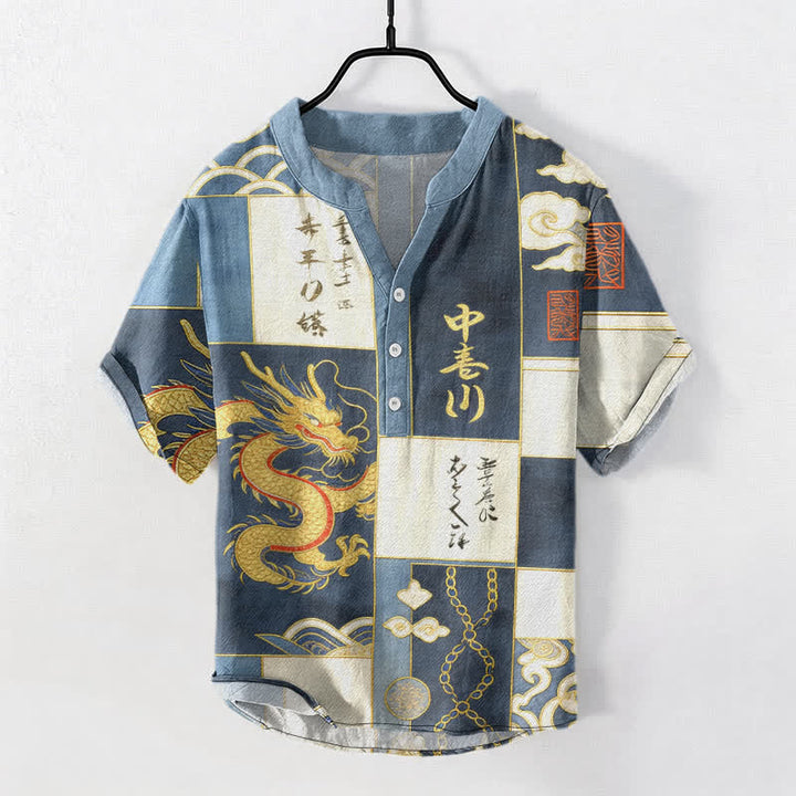 Buddha Stones Camicia da uomo a maniche corte con mezzo bottone, in cotone, con emblema Drago Dorato, Nuvola e Onda. - SteelBlue - US/UK/AU50, EU60 (5XL) - image 5