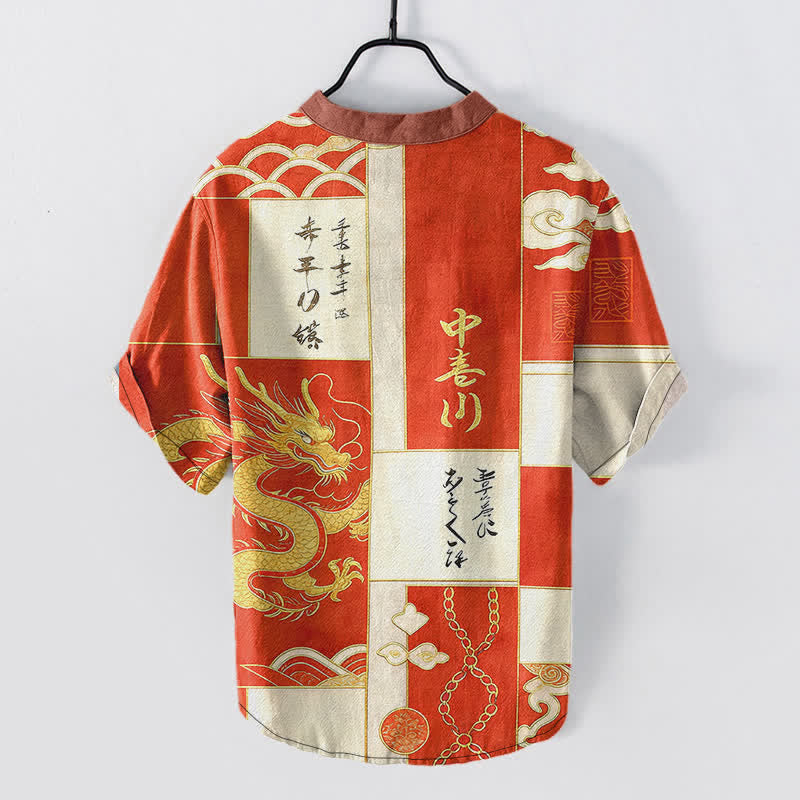 Buddha Stones Camicia da uomo a maniche corte con mezzo bottone, in cotone, con emblema Drago Dorato, Nuvola e Onda. - image 8