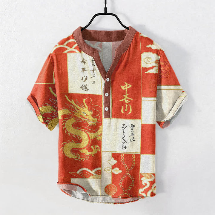 Buddha Stones Camicia da uomo a maniche corte con mezzo bottone, in cotone, con emblema Drago Dorato, Nuvola e Onda. - RossoArancione - US/UK/AU50, EU60 (5XL) - image 7