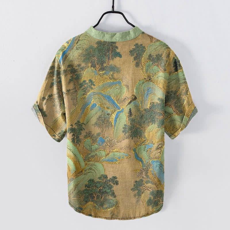 Buddha Stones Camicia da uomo a maniche corte con mezzo bottone Cotton Mountain Emblem - image 1