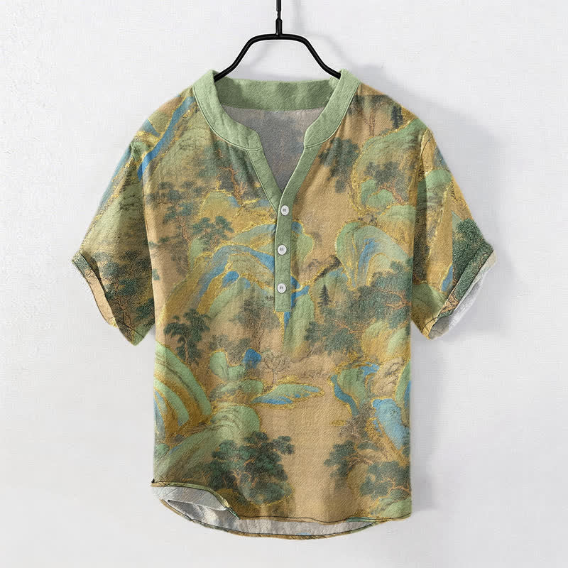 Buddha Stones Camicia da uomo a maniche corte con mezzo bottone Cotton Mountain Emblem - Verde Mare Scuro - US/UK/AU50, EU60 (5XL) - image 0