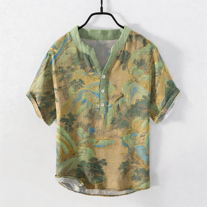 Buddha Stones Camicia da uomo a maniche corte con mezzo bottone Cotton Mountain Emblem - Verde Mare Scuro - US/UK/AU50, EU60 (5XL) - image 0