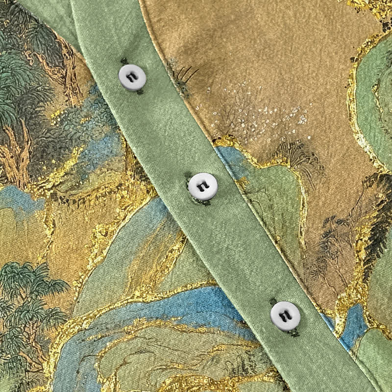 Buddha Stones Camicia da uomo a maniche corte con mezzo bottone Cotton Mountain Emblem - image 3