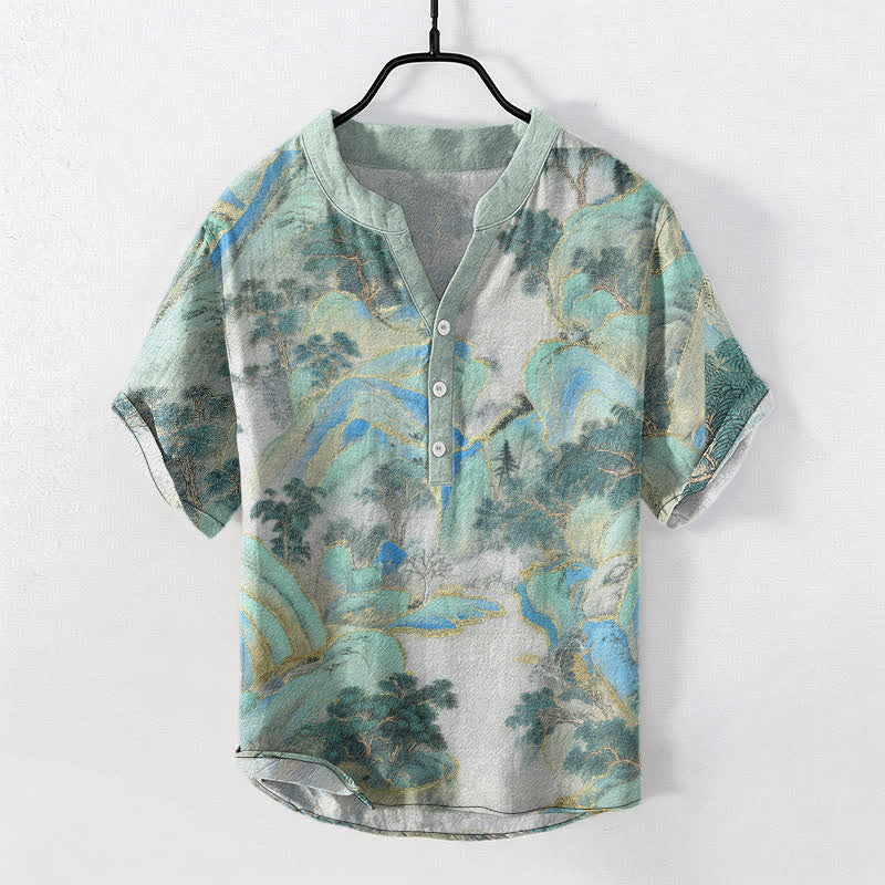 Buddha Stones Camicia da uomo a maniche corte con mezzo bottone Cotton Mountain Emblem - Turchese medio - US/UK/AU50, EU60 (5XL) - image 5