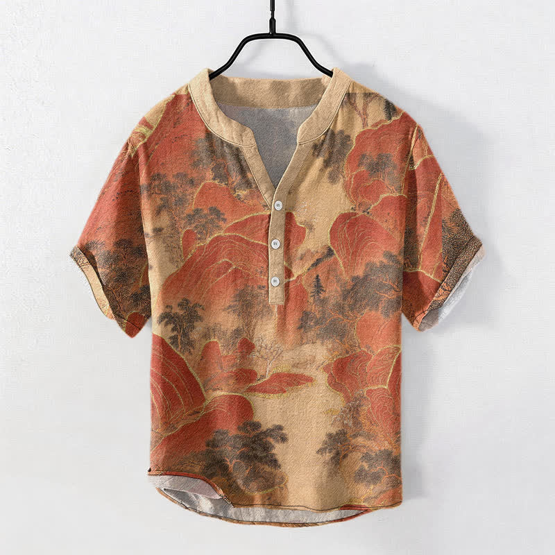 Buddha Stones Camicia da uomo a maniche corte con mezzo bottone Cotton Mountain Emblem - RossoArancione - US/UK/AU50, EU60 (5XL) - image 7