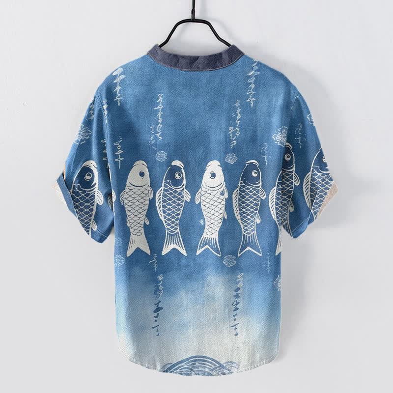 Buddha Stones Camicia da uomo a maniche corte con bottoni a metà, in cotone, con emblema di pesce koi. - image 1
