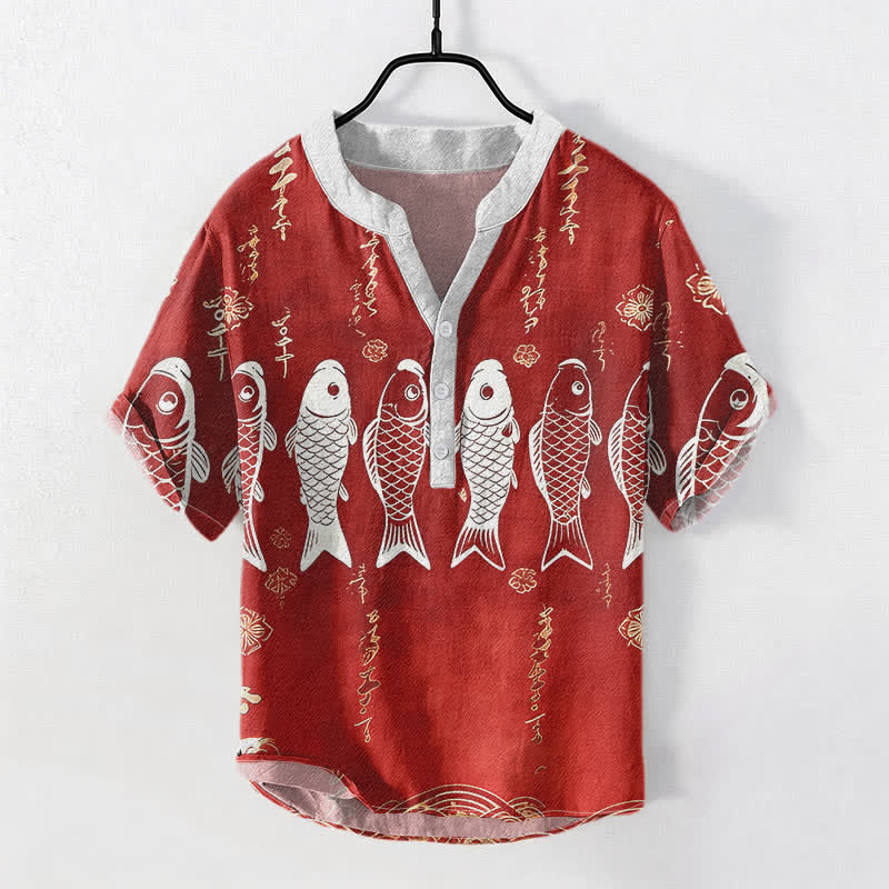 Buddha Stones Camicia da uomo a maniche corte con bottoni a metà, in cotone, con emblema di pesce koi. - FireBrick - US/UK/AU50, EU60 (5XL) - image 3