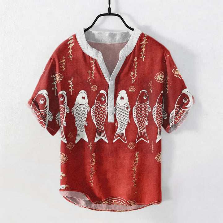 Buddha Stones Camicia da uomo a maniche corte con bottoni a metà, in cotone, con emblema di pesce koi. - FireBrick - US/UK/AU50, EU60 (5XL) - image 3