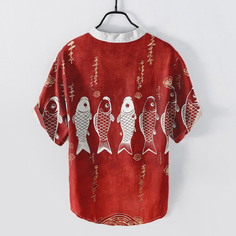 Buddha Stones Camicia da uomo a maniche corte con bottoni a metà, in cotone, con emblema di pesce koi. - image 4
