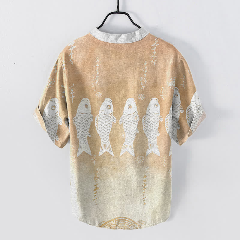 Buddha Stones Camicia da uomo a maniche corte con bottoni a metà, in cotone, con emblema di pesce koi. - image 6
