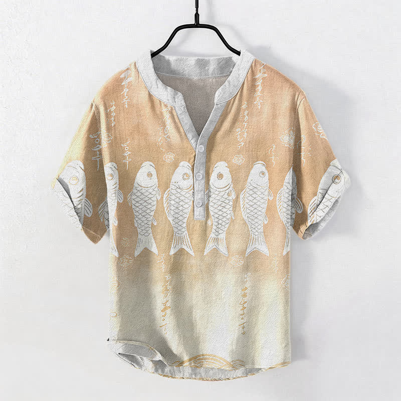 Buddha Stones Camicia da uomo a maniche corte con bottoni a metà, in cotone, con emblema di pesce koi. - Mandorle sbiancate - US/UK/AU50, EU60 (5XL) - image 5