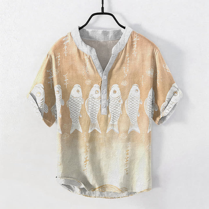 Buddha Stones Camicia da uomo a maniche corte con bottoni a metà, in cotone, con emblema di pesce koi. - Mandorle sbiancate - US/UK/AU50, EU60 (5XL) - image 5
