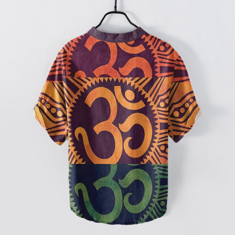 Buddha Stones Camicia da uomo a maniche corte con bottoni a metà, in cotone, con emblema Om. - image 1