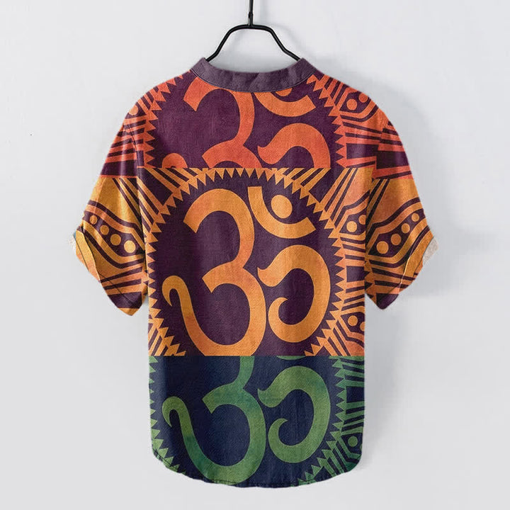 Buddha Stones Camicia da uomo a maniche corte con bottoni a metà, in cotone, con emblema Om. - image 1