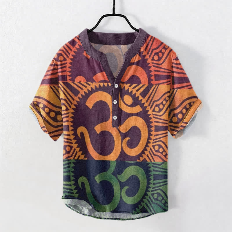 Buddha Stones Camicia da uomo a maniche corte con bottoni a metà, in cotone, con emblema Om. - Viola scuro - US/UK/AU50, EU60 (5XL) - image 0