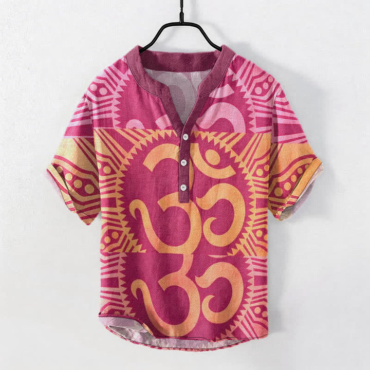Buddha Stones Camicia da uomo a maniche corte con bottoni a metà, in cotone, con emblema Om. - Rosa acceso - US/UK/AU50, EU60 (5XL) - image 6