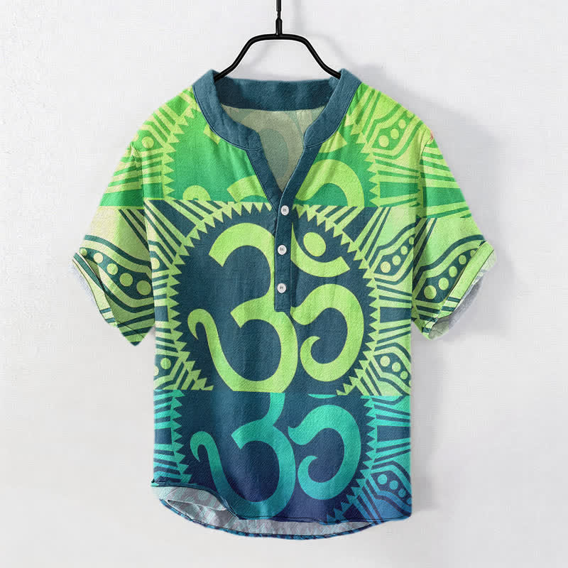 Buddha Stones Camicia da uomo a maniche corte con bottoni a metà, in cotone, con emblema Om. - Chartreuse - US/UK/AU50, EU60 (5XL) - image 4