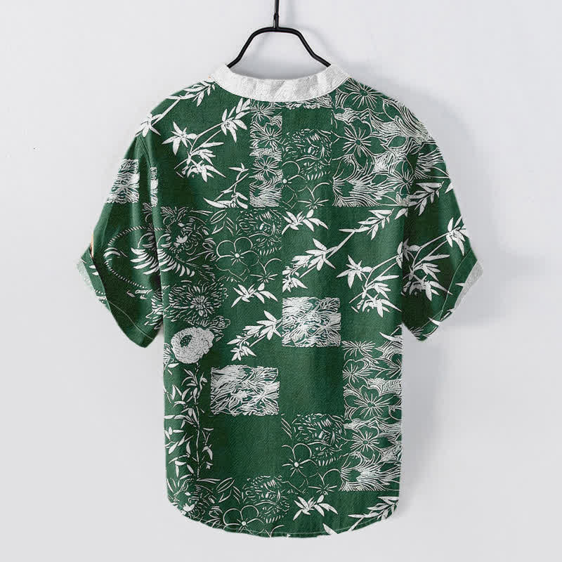 Buddha Stones Camicia da uomo a maniche corte con bottoni a metà, in cotone, bambù e emblema Plum. - image 1