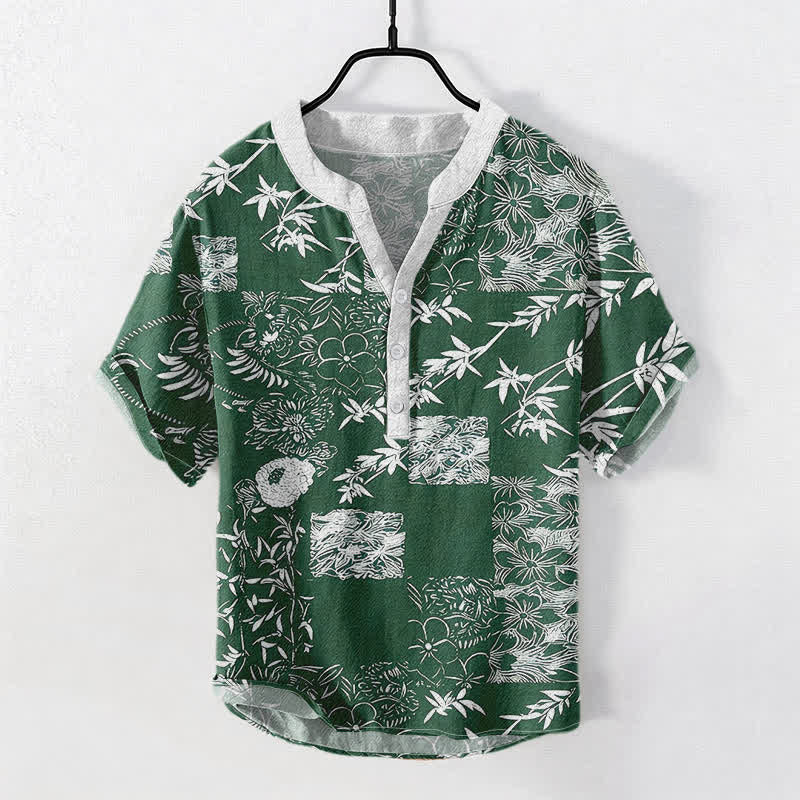 Buddha Stones Camicia da uomo a maniche corte con bottoni a metà, in cotone, bambù e emblema Plum. - Verde scuro - US/UK/AU50, EU60 (5XL) - image 0