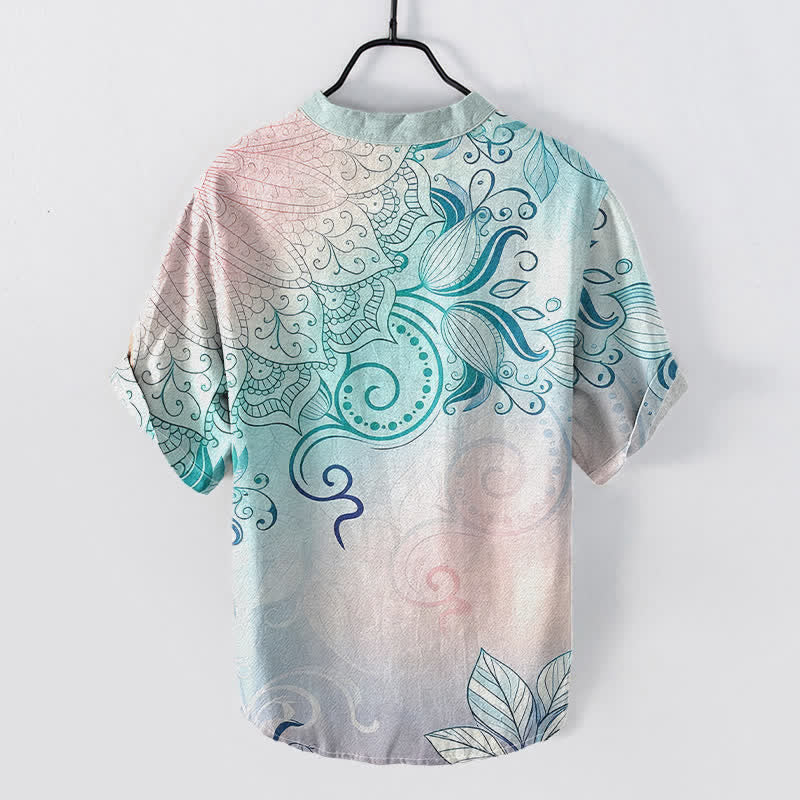 Buddha Stones Camicia da uomo a maniche corte con bottoni a metà, in cotone, con emblema floreale mandala. - image 1