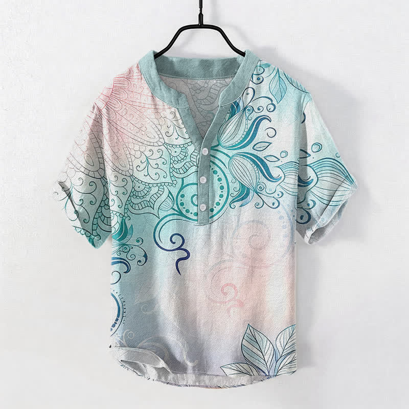 Buddha Stones Camicia da uomo a maniche corte con bottoni a metà, in cotone, con emblema floreale mandala. - Turchese medio - US/UK/AU50, EU60 (5XL) - image 0