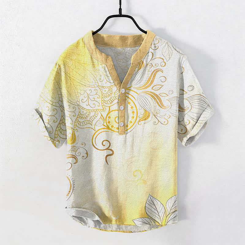 Buddha Stones Camicia da uomo a maniche corte con bottoni a metà, in cotone, con emblema floreale mandala. - Cachi - US/UK/AU50, EU60 (5XL) - image 5