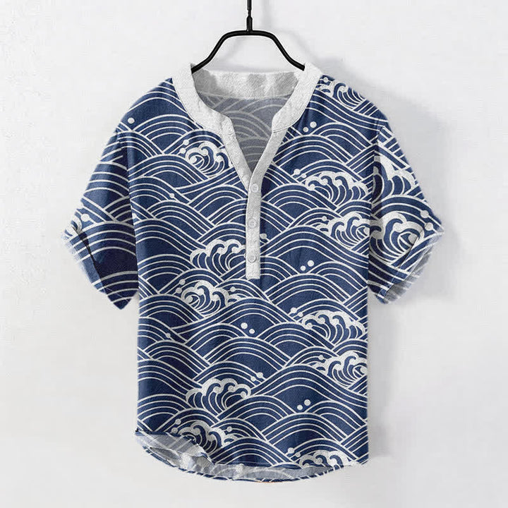 Buddha Stones Camicia da uomo a maniche corte con bottoni a metà, modello Cotton Wave Emblem. - SteelBlue - US/UK/AU50, EU60 (5XL) - image 0