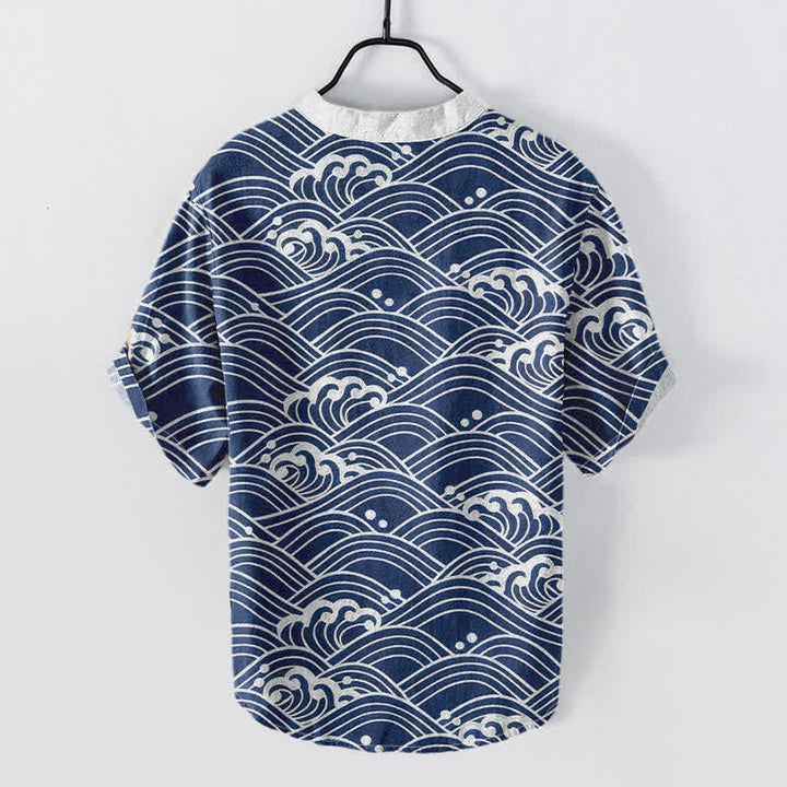 Buddha Stones Camicia da uomo a maniche corte con bottoni a metà, modello Cotton Wave Emblem. - image 1