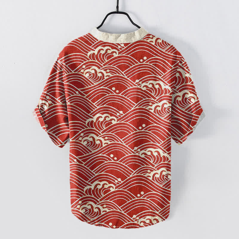 Buddha Stones Camicia da uomo a maniche corte con bottoni a metà, modello Cotton Wave Emblem. - image 4