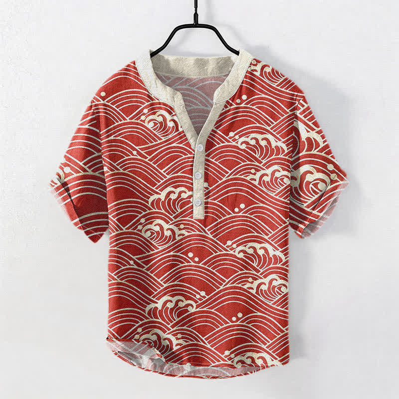 Buddha Stones Camicia da uomo a maniche corte con bottoni a metà, modello Cotton Wave Emblem. - FireBrick - US/UK/AU50, EU60 (5XL) - image 3