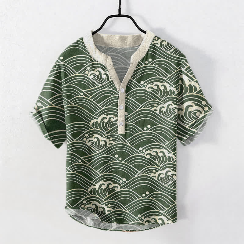 Buddha Stones Camicia da uomo a maniche corte con bottoni a metà, modello Cotton Wave Emblem. - Verde mare - US/UK/AU50, EU60 (5XL) - image 5