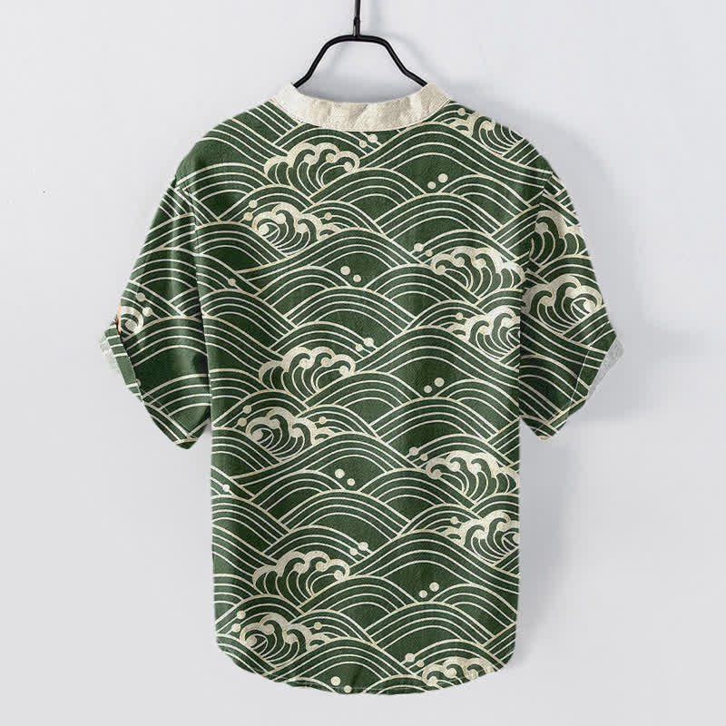 Buddha Stones Camicia da uomo a maniche corte con bottoni a metà, modello Cotton Wave Emblem. - image 6