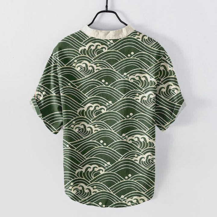 Buddha Stones Camicia da uomo a maniche corte con bottoni a metà, modello Cotton Wave Emblem. - image 6