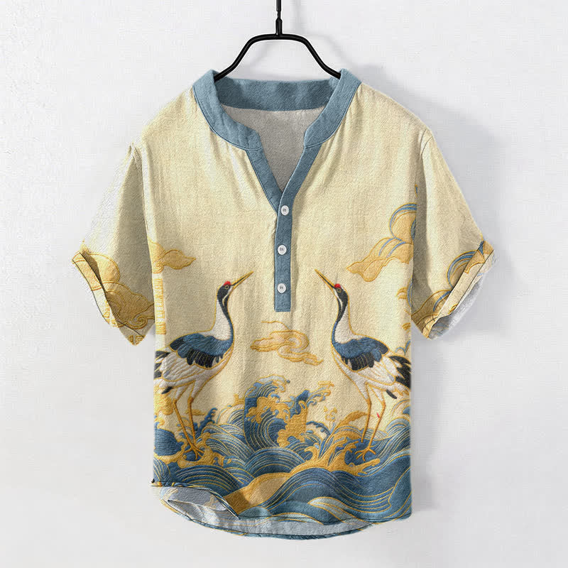 Buddha Stones Camicia da uomo a maniche corte con bottoni a metà, in cotone, con emblema della gru e delle onde. - Giallo chiaro verga d'oro - US/UK/AU50, EU60 (5XL) - image 0