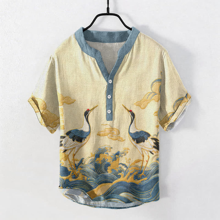 Buddha Stones Camicia da uomo a maniche corte con bottoni a metà, in cotone, con emblema della gru e delle onde. - Giallo chiaro verga d'oro - US/UK/AU50, EU60 (5XL) - image 0