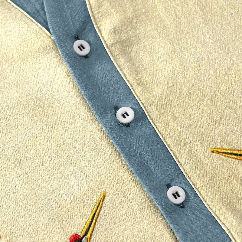 Buddha Stones Camicia da uomo a maniche corte con bottoni a metà, in cotone, con emblema della gru e delle onde. - image 3