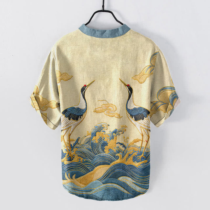 Buddha Stones Camicia da uomo a maniche corte con bottoni a metà, in cotone, con emblema della gru e delle onde. - image 1