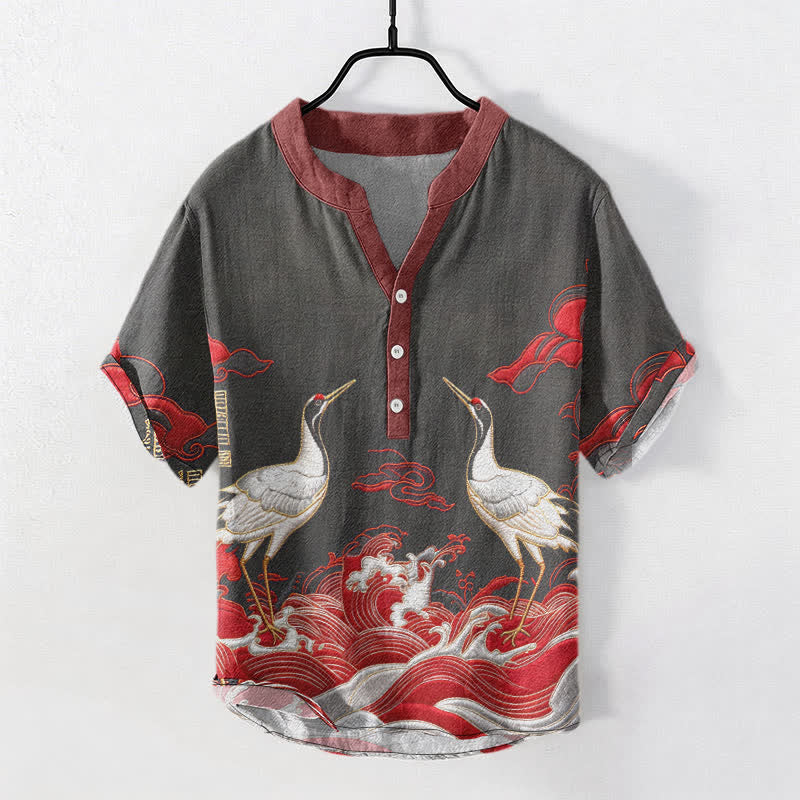 Buddha Stones Camicia da uomo a maniche corte con bottoni a metà, in cotone, con emblema della gru e delle onde. - Nero - US/UK/AU50, EU60 (5XL) - image 4