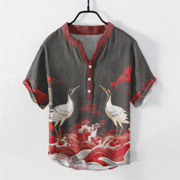 Buddha Stones Camicia da uomo a maniche corte con bottoni a metà, in cotone, con emblema della gru e delle onde. - Nero - US/UK/AU50, EU60 (5XL) - image 4