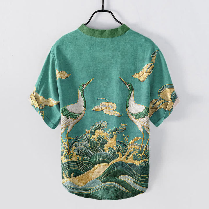 Buddha Stones Camicia da uomo a maniche corte con bottoni a metà, in cotone, con emblema della gru e delle onde. - image 7