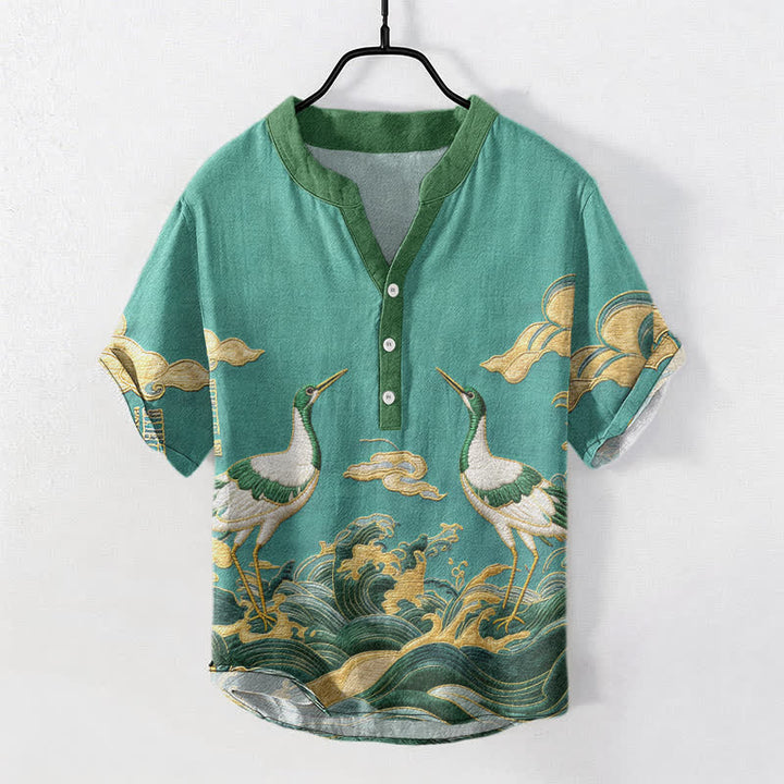 Buddha Stones Camicia da uomo a maniche corte con bottoni a metà, in cotone, con emblema della gru e delle onde. - Turchese medio - US/UK/AU50, EU60 (5XL) - image 6