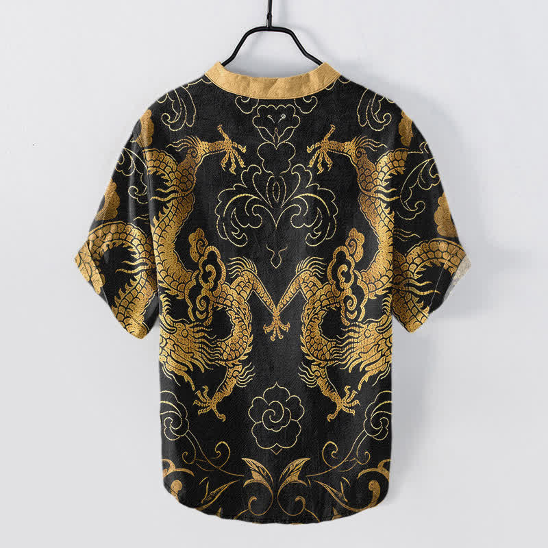 Buddha Stones Camicia da uomo a maniche corte con mezzo bottone e emblema Drago Nuvola in cotone - image 1