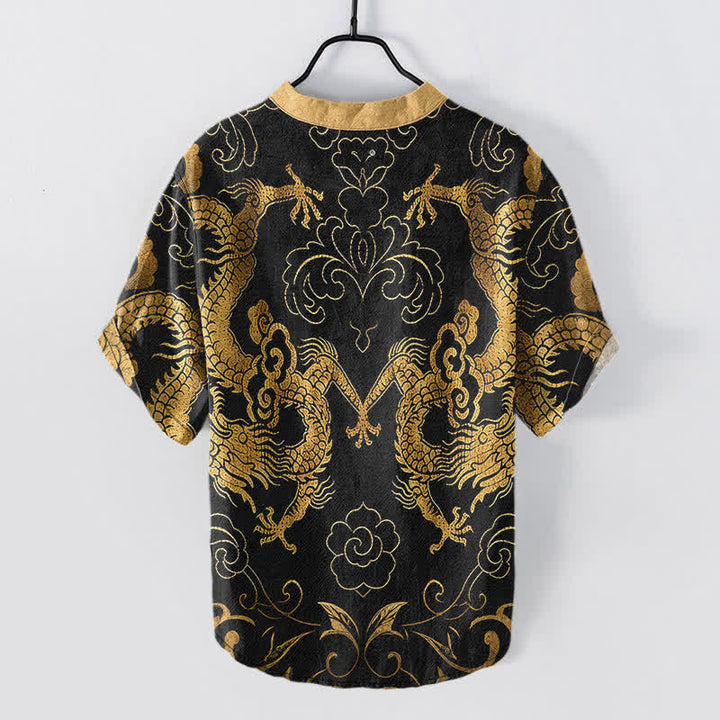 Buddha Stones Camicia da uomo a maniche corte con mezzo bottone e emblema Drago Nuvola in cotone - image 1