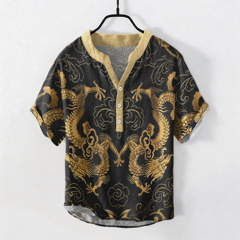 Buddha Stones Camicia da uomo a maniche corte con mezzo bottone e emblema Drago Nuvola in cotone - Oro - US/UK/AU50, EU60 (5XL) - image 0