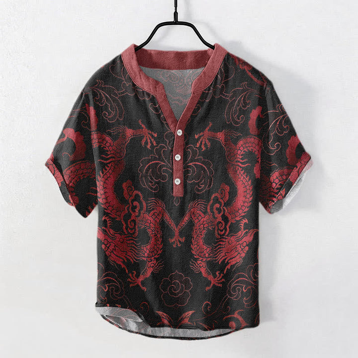 Buddha Stones Camicia da uomo a maniche corte con mezzo bottone e emblema Drago Nuvola in cotone - FireBrick - US/UK/AU50, EU60 (5XL) - image 5