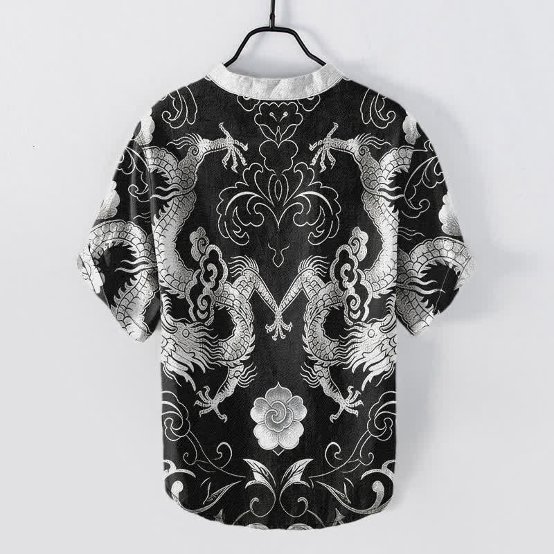 Buddha Stones Camicia da uomo a maniche corte con mezzo bottone e emblema Drago Nuvola in cotone - image 8