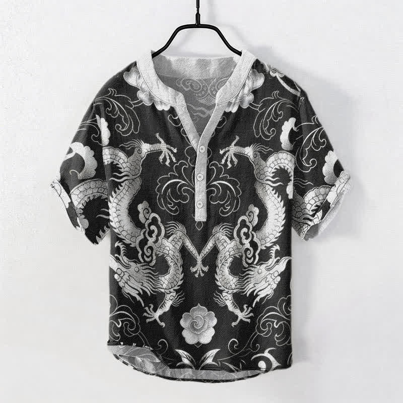Buddha Stones Camicia da uomo a maniche corte con mezzo bottone e emblema Drago Nuvola in cotone - Grigio scuro - US/UK/AU50, EU60 (5XL) - image 7
